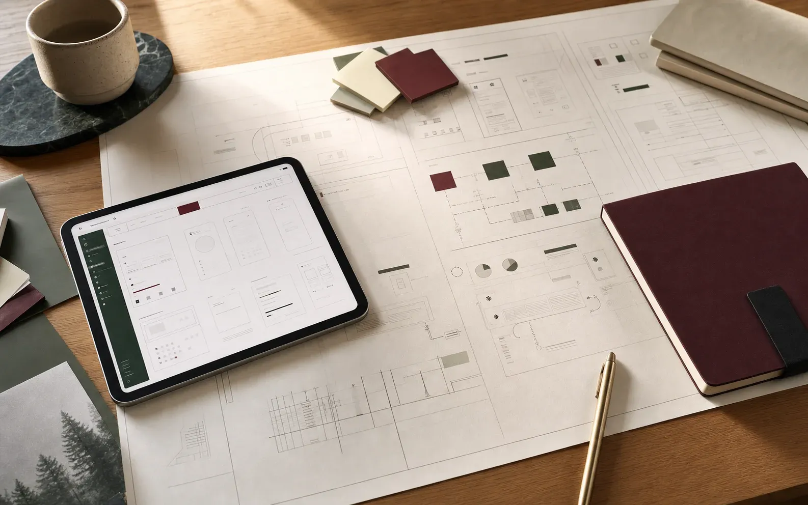 Entoura.Blueprint planning workspace with a tablet, blueprint documents, notes, and a pen