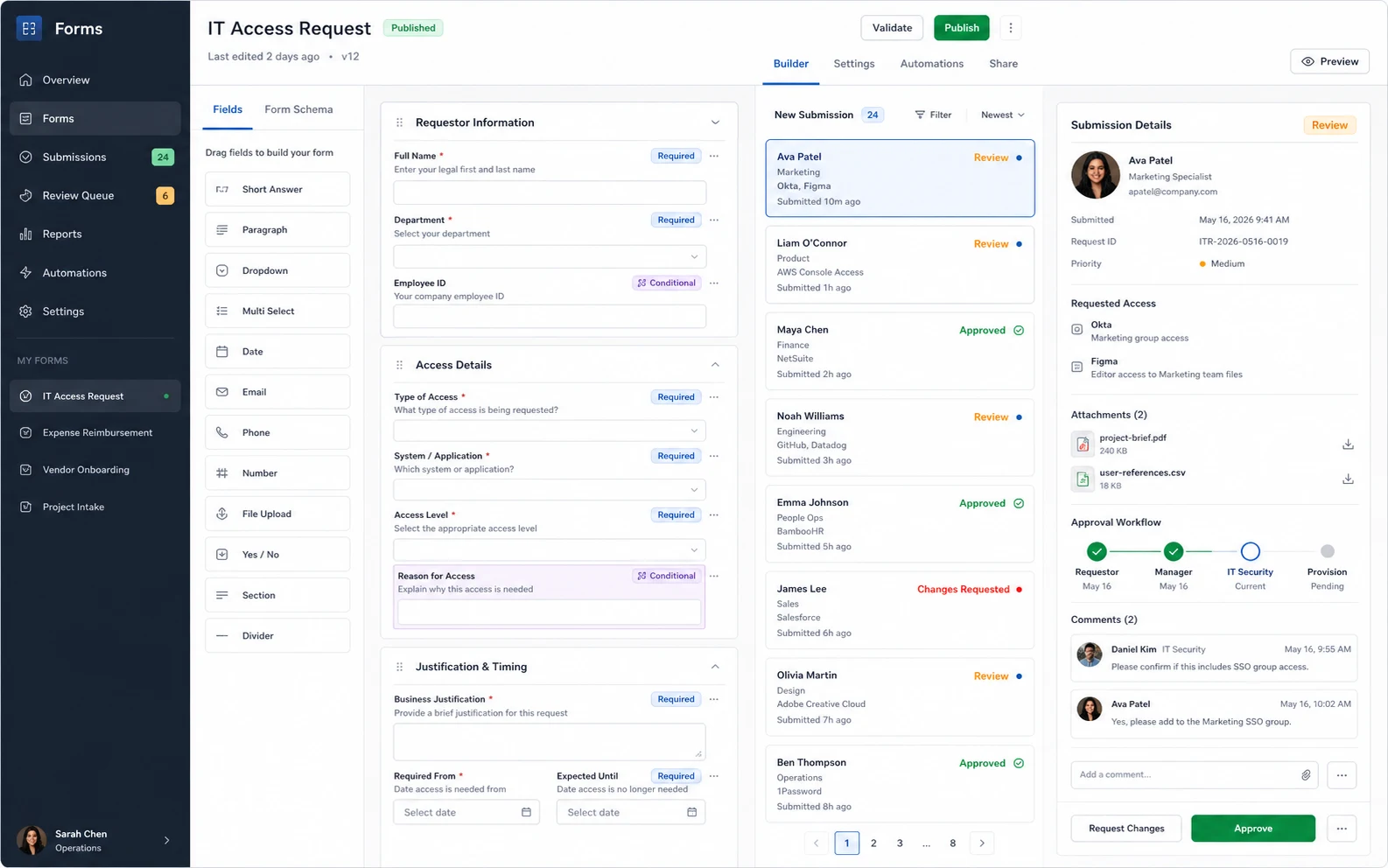 Internal forms tool application screen