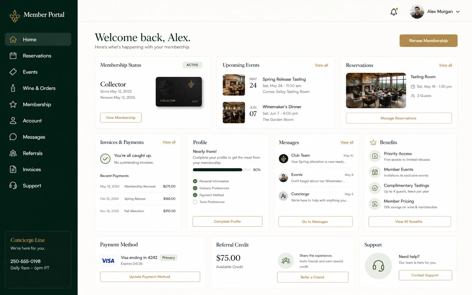 Member portal home application screen