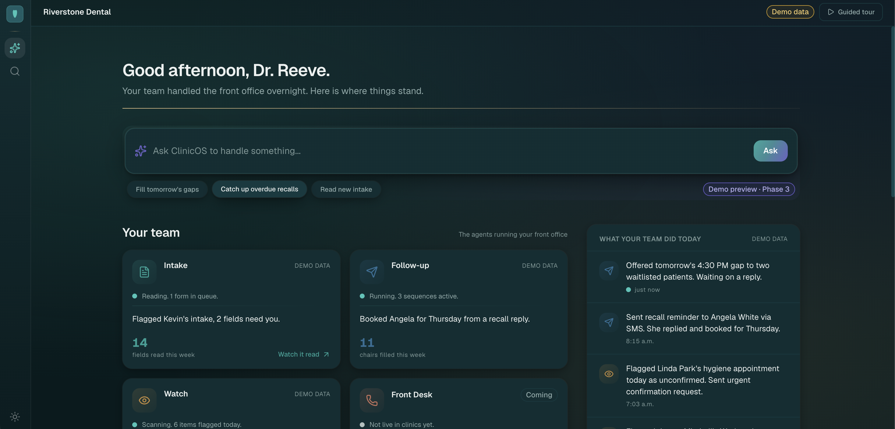 The ClinicOS Command Center: overnight activity, recall queue, schedule gaps, exceptions, and a full activity history.