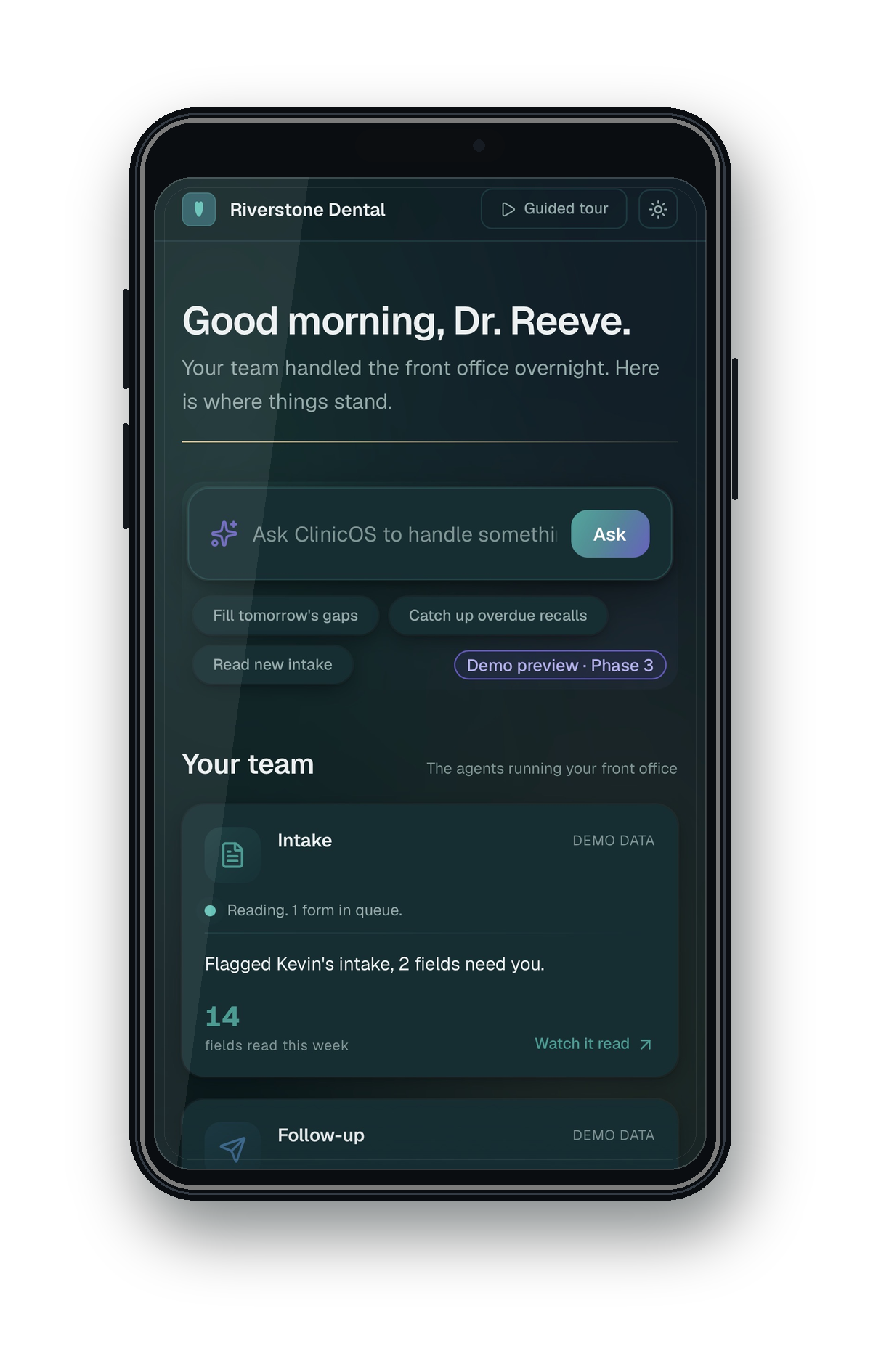 Illustrative mobile app in an iPhone mockup, a fictional clinic archetype, not a client.