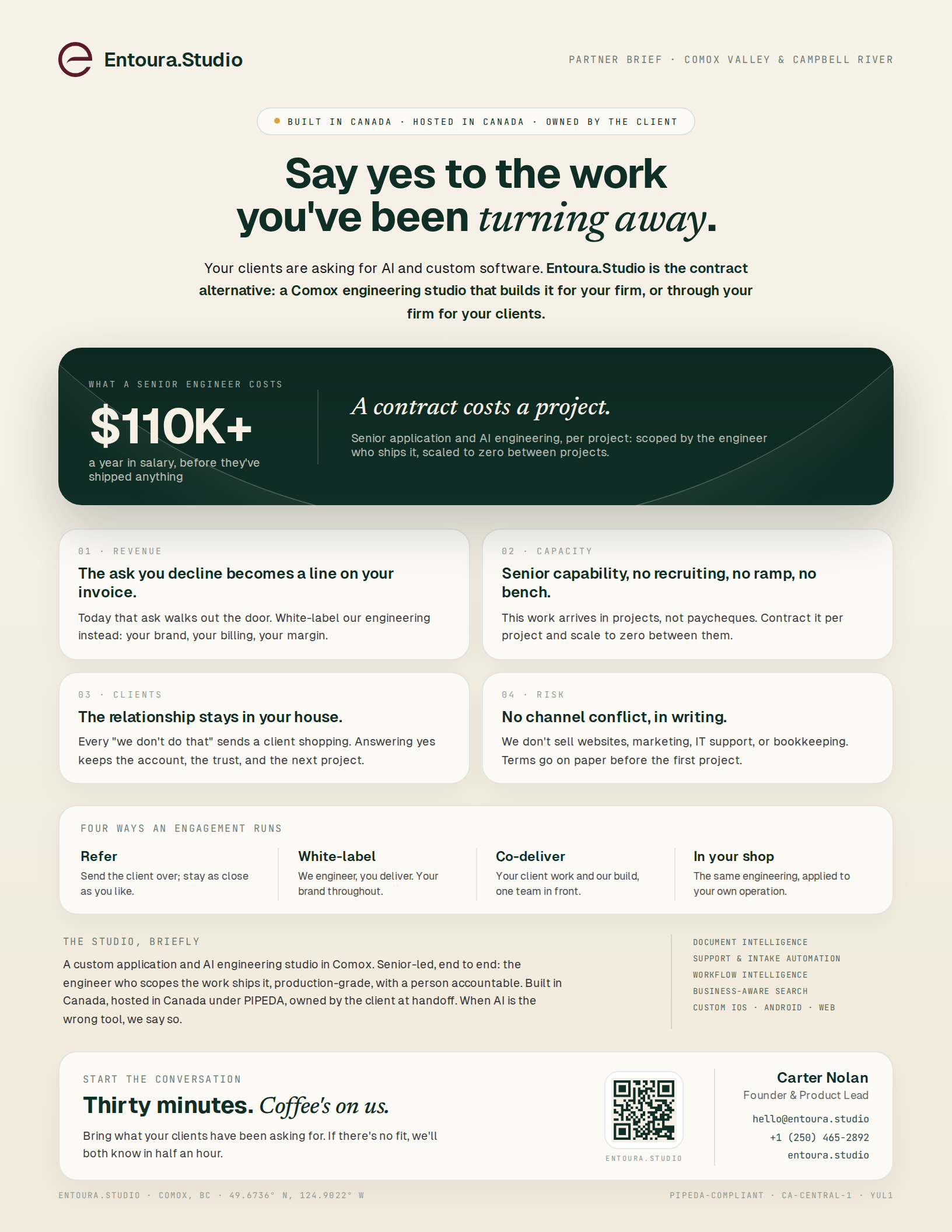 Entoura.Studio Partner Brief, Say yes to the work you've been turning away. A contract engineering studio for professional firms.